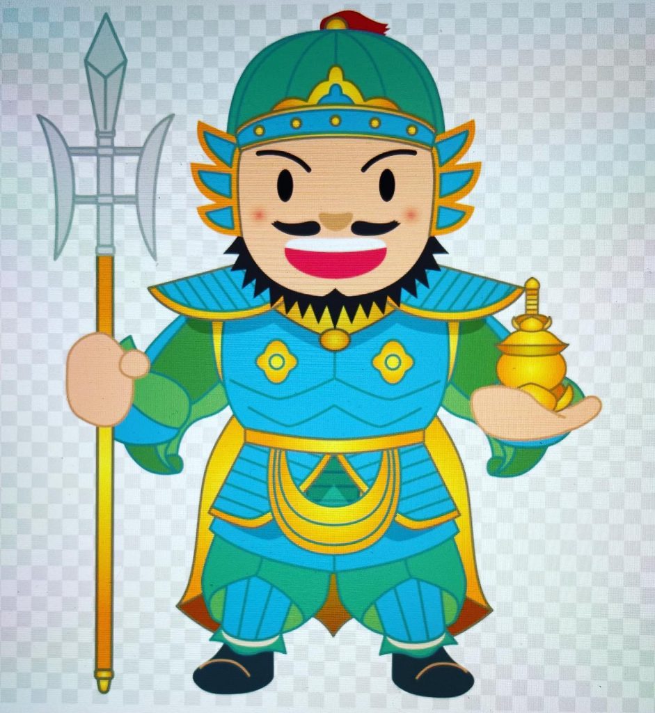 #毘沙門天！毘沙門天は四天王の一仏で別名多聞天といい、七福神の中で唯一武将の姿をしていて、右手に宝棒、左手に宝塔、足の下に邪鬼天の邪鬼を踏みつけている。